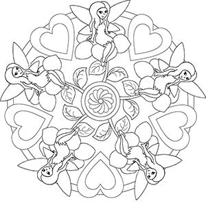 Mandala Ausmalbild Feen und Blumen