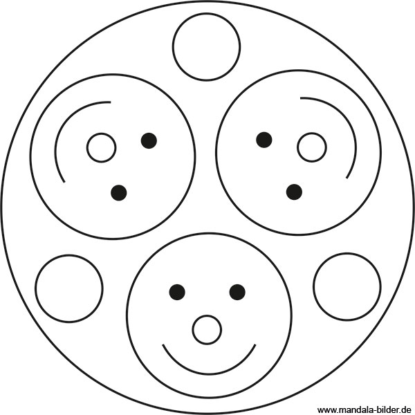 Kinder Mandala mit drei lachende Gesichter - smiley mandala zum Ausdrucken